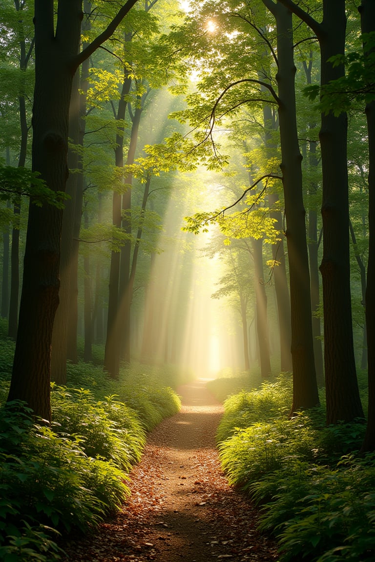 A serene woodscape photograph depicts a winding SMALL TRAIL DEEP INTO WOODS IN THE COUNTRYSIDE, bathed in warm sunlight filtering through the canopy above. Tall trees, their leaves a vibrant green, frame the trail as it disappears into the distance. A gentle mist rises from the forest floor, adding to the mystical atmosphere.,VNS_Add more details