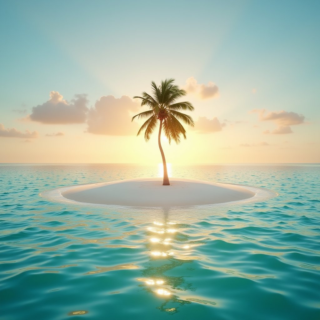 A lone white sandy isle rises from the crystal clear waters, its solitary coconut tree stands in contrast to the horizon as the majestic sun sinks slowly into the turquoise sea. Soft golden light illuminates the tranquil scene, casting a warm glow on the undulating waves.VNS_Add more details