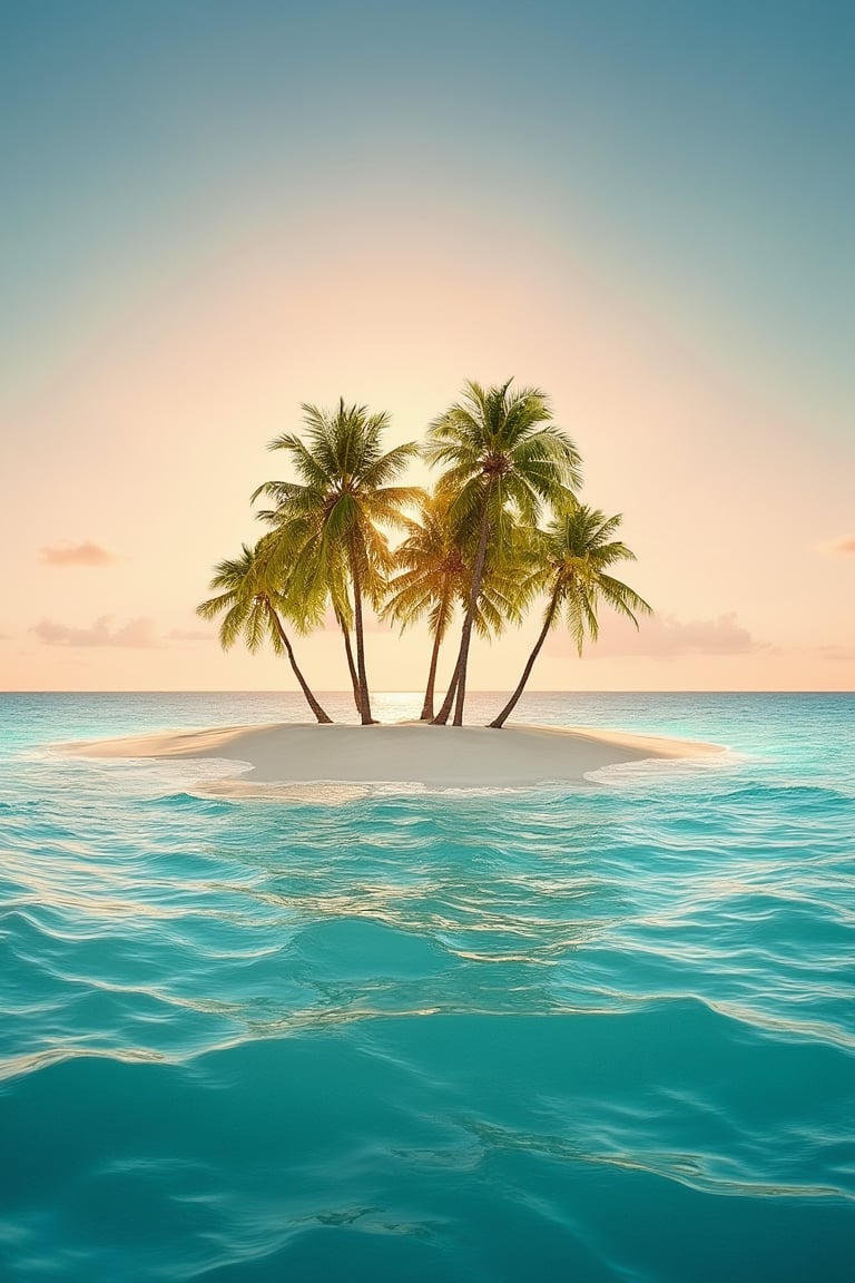 A wide shot of a lone white sandy isle rises from the crystal clear waters, its multiple coconut trees stand in contrast to the horizon as the majestic sun sinks slowly into the turquoise sea. Soft golden light illuminates the tranquil scene, casting a warm glow on the undulating waves.VNS_Add more details