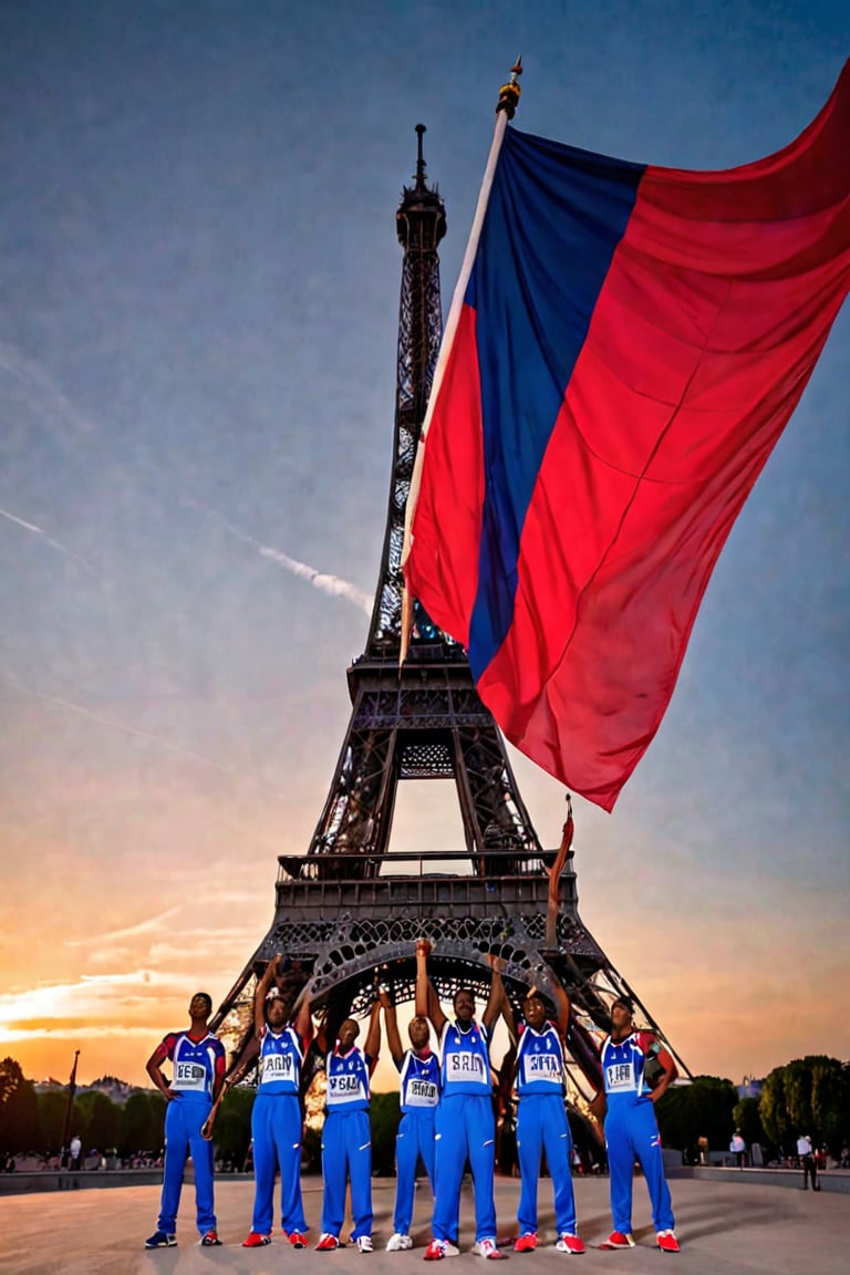 A majestic shot: Against the iconic Eiffel Tower's iron lacework, athletes from Paris Olympic Games stand in unison against a warm evening sky, vibrant uniforms popping against the soft blue tones. A bold banner unfurls behind them, emblazoned with 'PARIS 2024' in striking red letters, echoing the tower's grandeur. Athletes' determined faces and strong poses exude unity and strength as they proudly display their FraNCE flag, set amidst the City of Light's most recognizable landmark.