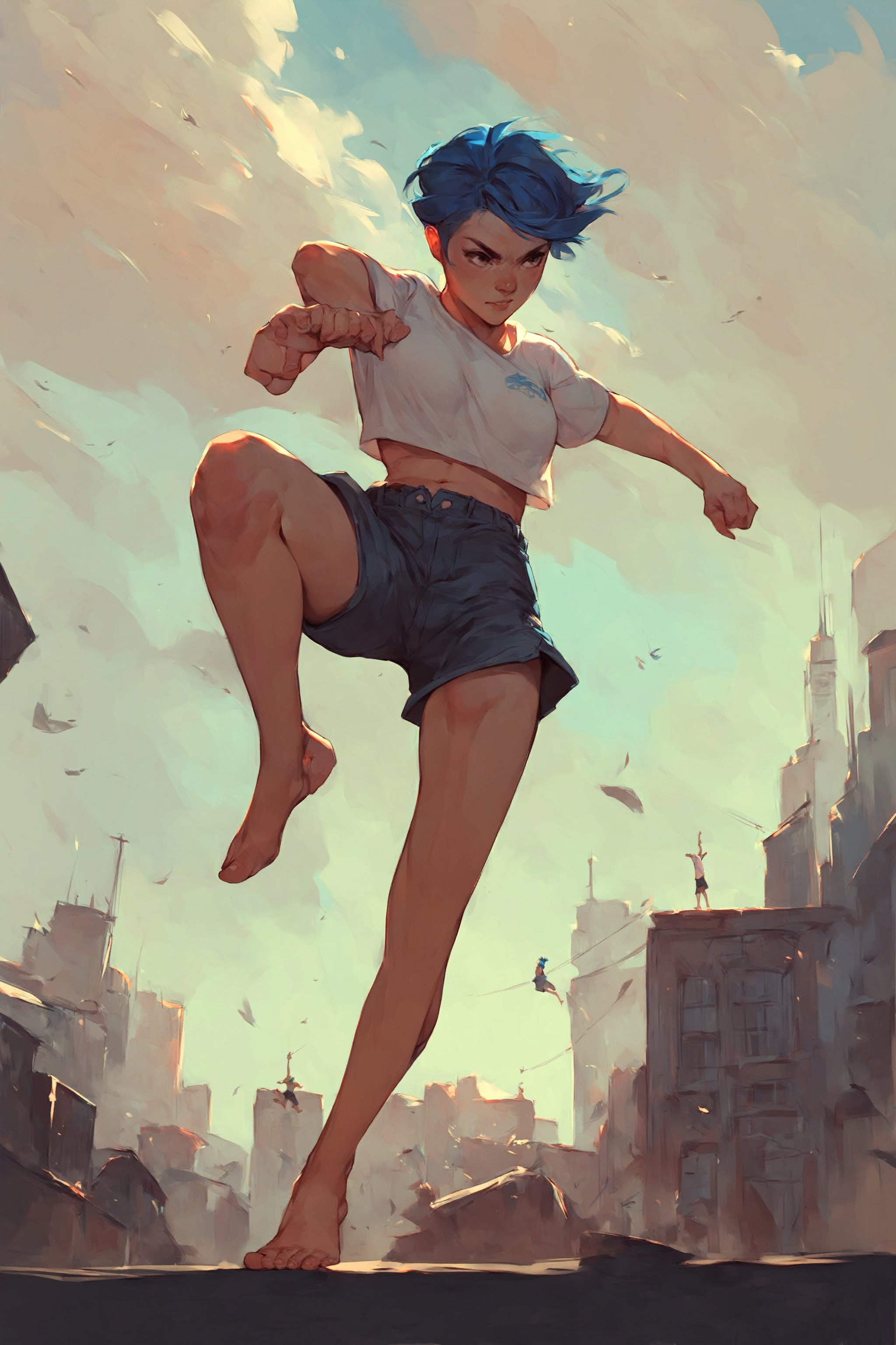 score_9_up, score_8_up, score_7_up, score_6_up, high quality, 1girl, blue hair, short hair, shirt, short sleeve, shorts, barefeet, fighting pose, dynamic pose, city