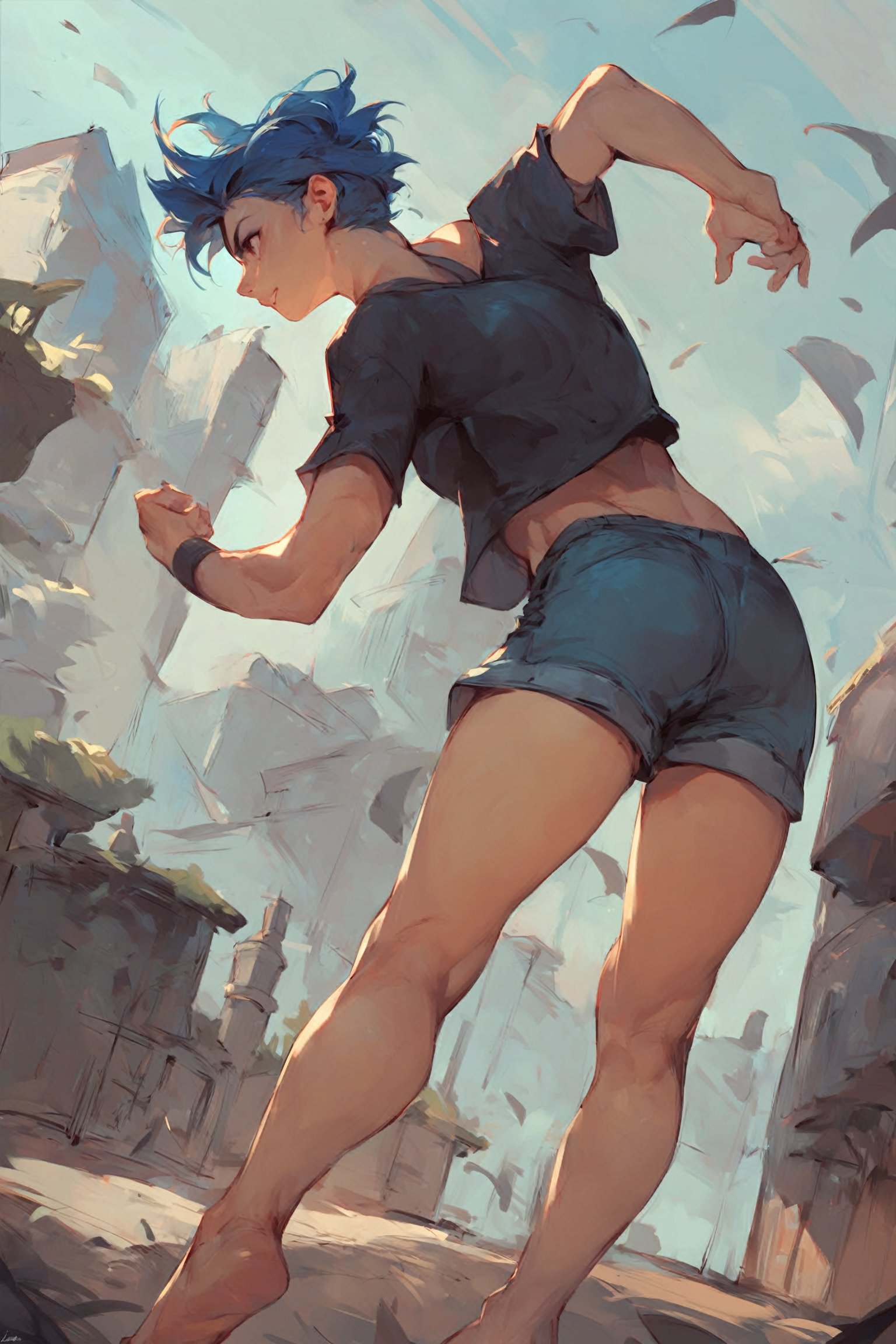 score_9_up, score_8_up, score_7_up, score_6_up, high quality, 1girl, blue hair, short hair, shirt, short sleeve, shorts, barefeet, fighting pose, dynamic pose, city