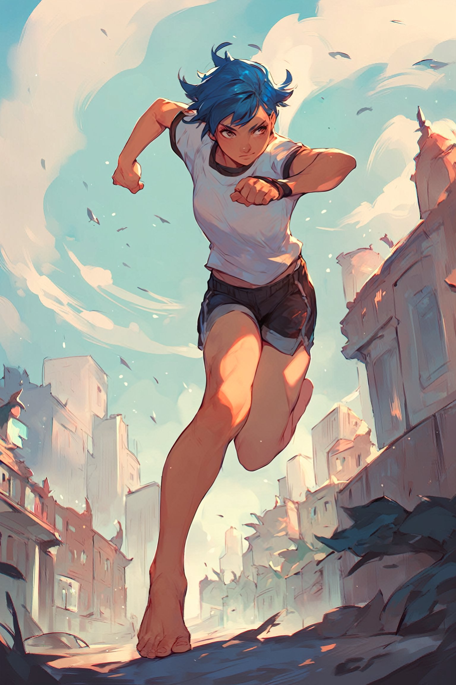 score_9_up, score_8_up, score_7_up, score_6_up, high quality, 1girl, blue hair, short hair, shirt, short sleeve, shorts, barefeet, fighting pose, dynamic pose, city