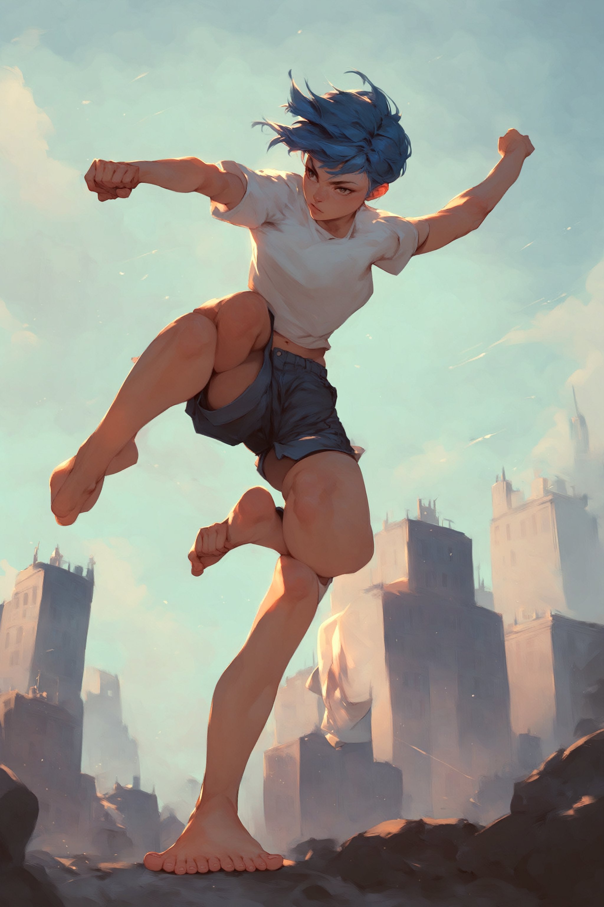 score_9_up, score_8_up, score_7_up, score_6_up, high quality, 1girl, blue hair, short hair, shirt, short sleeve, shorts, barefeet, fighting pose, dynamic pose, city, in the sky