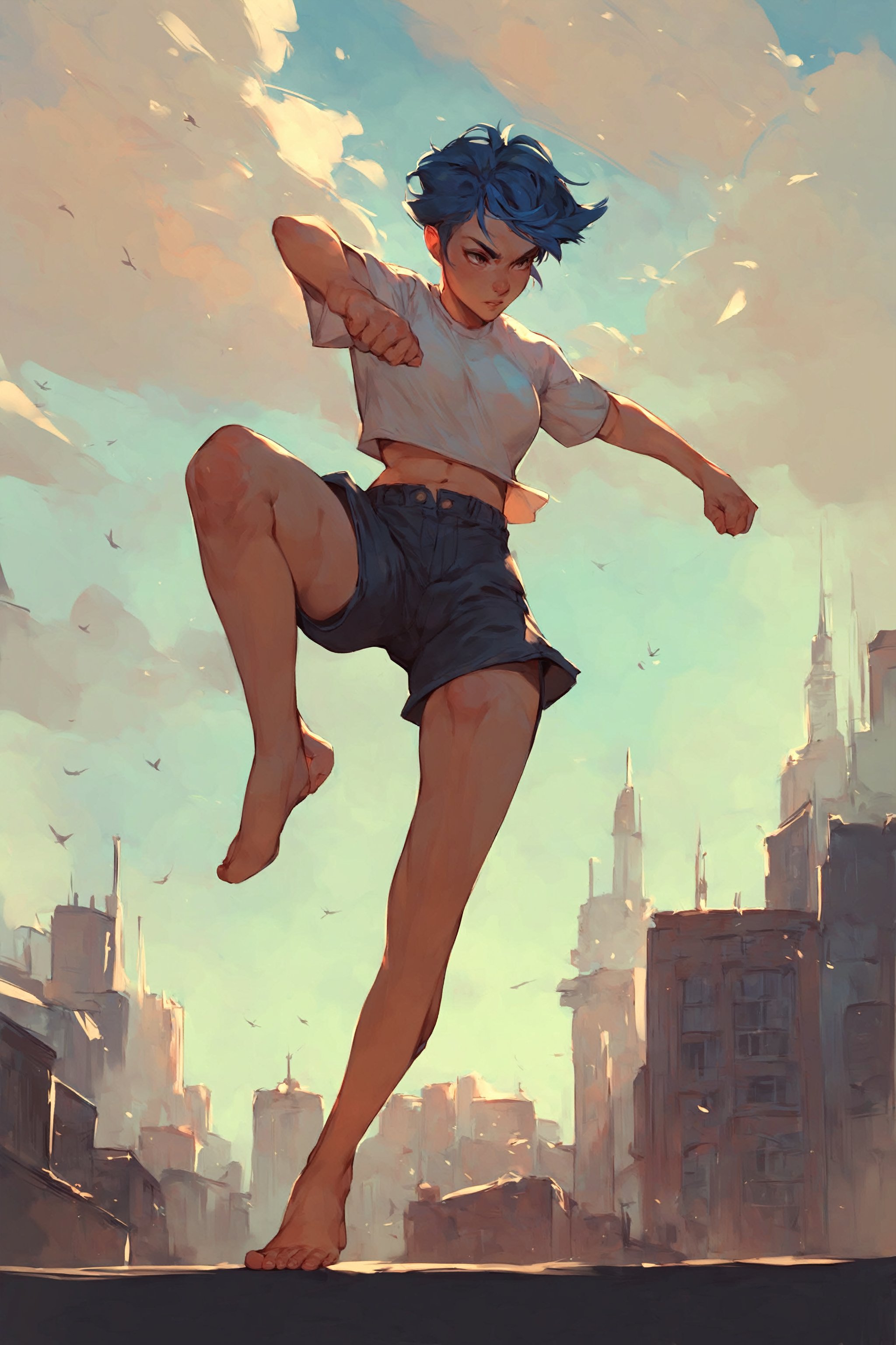 score_9_up, score_8_up, score_7_up, score_6_up, high quality, 1girl, blue hair, short hair, shirt, short sleeve, shorts, barefeet, fighting pose, dynamic pose, city, in the sky