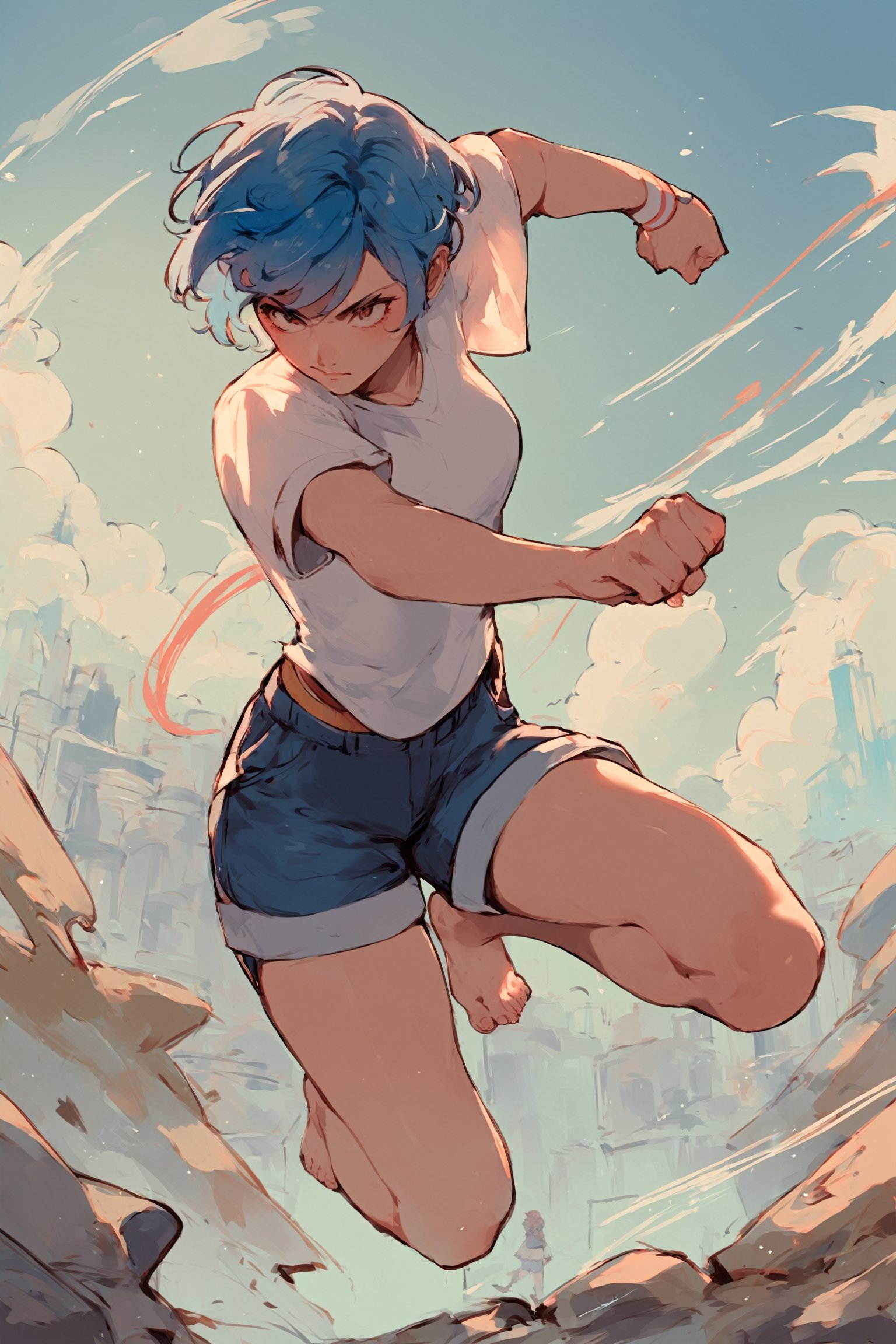 score_9_up, score_8_up, score_7_up, score_6_up, source_anime, high quality, 1girl, blue hair, short hair, shirt, short sleeve, shorts, barefeet, fighting pose, dynamic pose, city, colorful details,Nyantcha style 