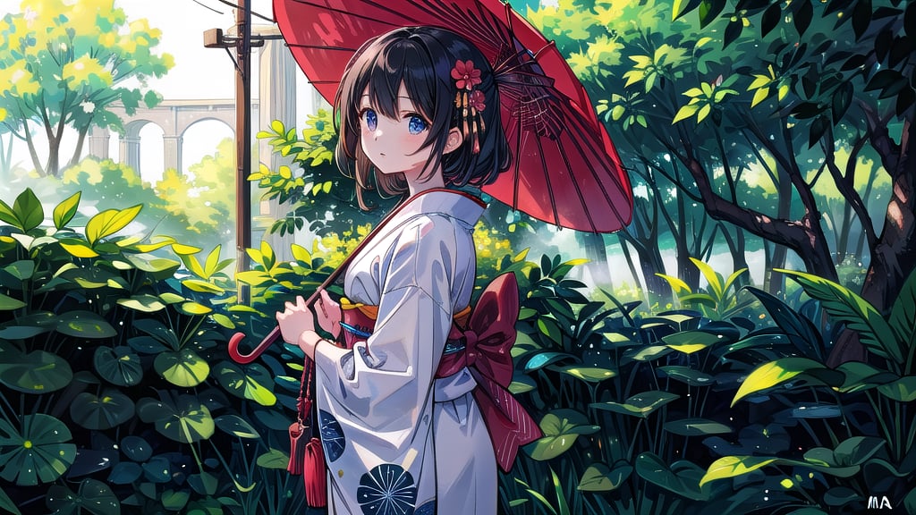 A stunning masterpiece! In this breathtaking 8K wallpaper, a beautiful young woman with luscious hair is the bac of ma. She wears a vibrant white kimono and holds a striking red umbrella, its intricately designed handle grasped firmly in her hand. A stylish bag hangs elegantly from her shoulder, adding a touch of modernity to this traditional setting. The composition is expertly framed, with the subject positioned at the center of the image, surrounded by lush greenery and subtle misty effects, creating an atmosphere of serenity and refinement.,girl