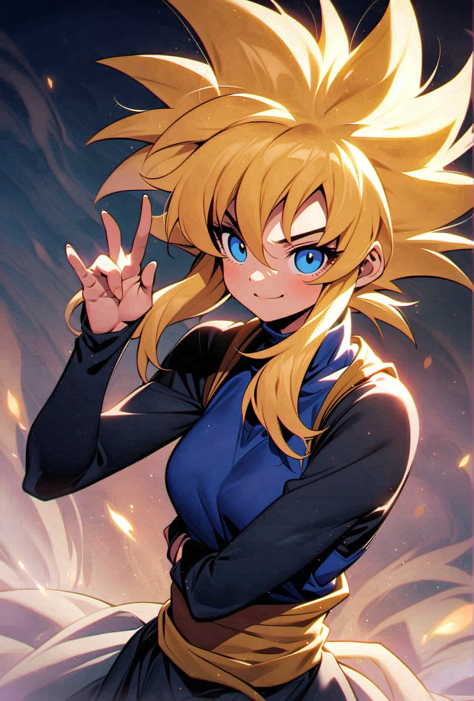 Reimagine the genderbent Goku Black with a softer,  cuter appearance. Capture her in a playful,  yet powerful pose by hith...