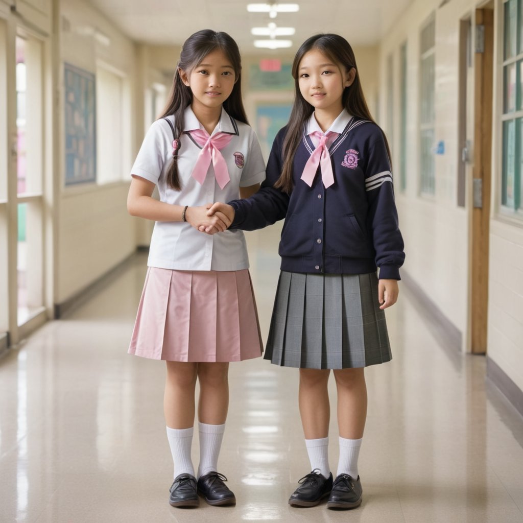 A serene scene unfolds: an Asian high school girls with long brown hair, adorned with a pink hair ribbon, stands poised beside her elderly companion, their hands intertwined in a gesture of unity and trust. Her slender physique ripples beneath her school uniform, while her gentle features are tempered by age in the classroom corridors, Extremely Realistic,more detail XL