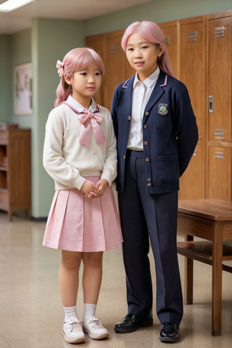 A tranquil tableau: A youthful Asian schoolgirl, donning a delicate pink hair ribbon, stands steadfast beside her elderly companion, their hands clasped together in a tender expression of unity and trust. Softly lit, with warm tones illuminating the scene, the girl's slender form is subtly emphasized beneath her crisp school uniform. The gentle contours of her face are tempered by the wisdom etched on her elder's visage, set amidst the calm backdrop of a classroom corridor, where worn wooden lockers and neatly arranged rows of desks create a sense of quiet contemplation.,Extremely Realistic,more detail XL