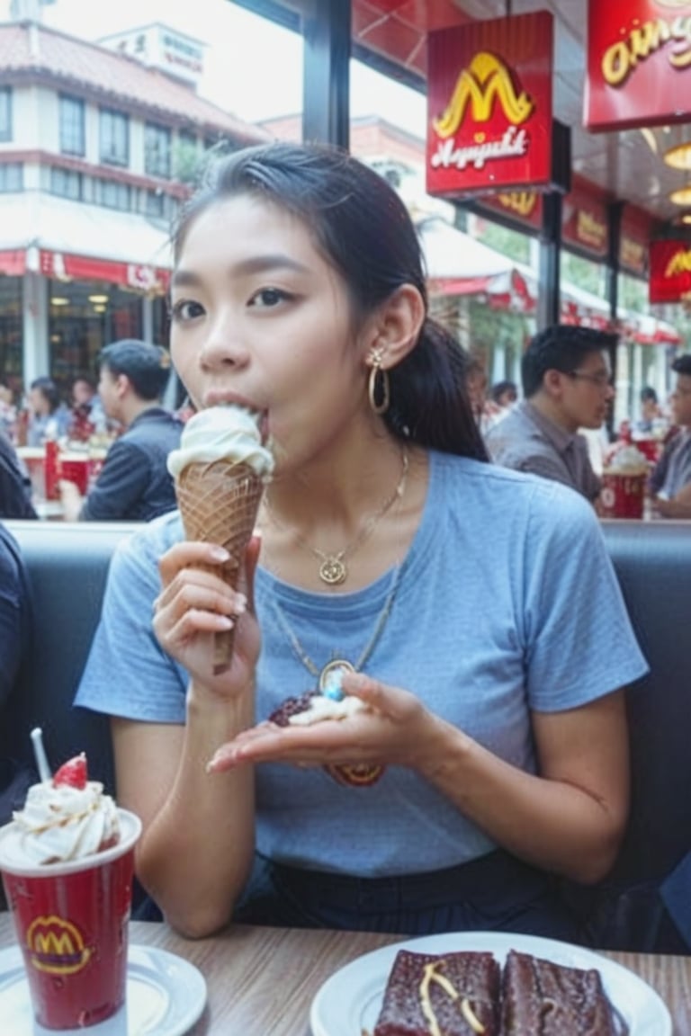 (score_9, score_8_up:1.1), score_7_up, 1girl, Asian, long hair, earrings, necklace, pendant, eating ice cream, one hand on ice cream, sitting at dining table in McDonald's restaurant, plate with food, perfect hands, detail XL,cinematic quality,realism,Midjourney style,fflixmj6