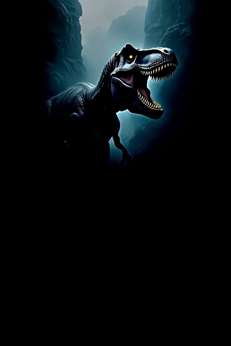 A close-up of a massive T-rex dinosaur’s open mouth dominates the poster, its rows of sharp teeth drooling. The dinosaur's eyes gleam with a predatory instinct, and the menacing gape of its jaws is framed by dark foggy environment. The background is an ancient scene, with distorted shadows barely visible. The title 'T-Rex Jaws' is like shp teeth letters at the top, with the tagline 'King of the predators' in smaller text beneath.