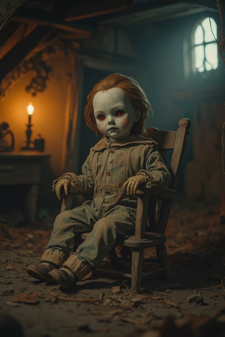 A photorealistic, gloomy 60's scene with a creepy doll with the head of jason statham. The doll is center-framed, sitting on a dusty, old wooden chair in a dimly lit, cobweb-filled attic. The doll has tattered clothes, a cracked porcelain face, and eerie, empty eyes. The room is filled with shadows, and the doll's pose is slightly askew, giving it a lifelike, unsettling appearance. The lighting is low, with a single, flickering light bulb casting a yellowish hue, enhancing the eerie atmosphere.