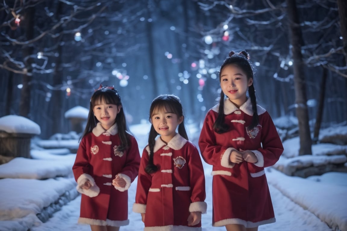 A trio of petite, waif-like Chinese-Korean girls, aged 10, dressed in matching school blouses, gaze directly at the viewer with eager and playful expressions. The dark winding trail, deep into the woods on a Christmas Eve night, provides a mystical backdrop as they casually stroll towards their destination. In the distance, the house at the end of the trail shines bright with intricate Christmas lights decorations.