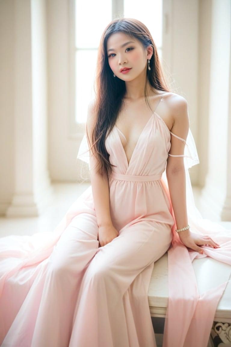 score_9, score_8_up, score_7_up, 1girl, beauty, Asian, long hair, loose stunning grand long dress sitting  down at the wedding reception, realistic 