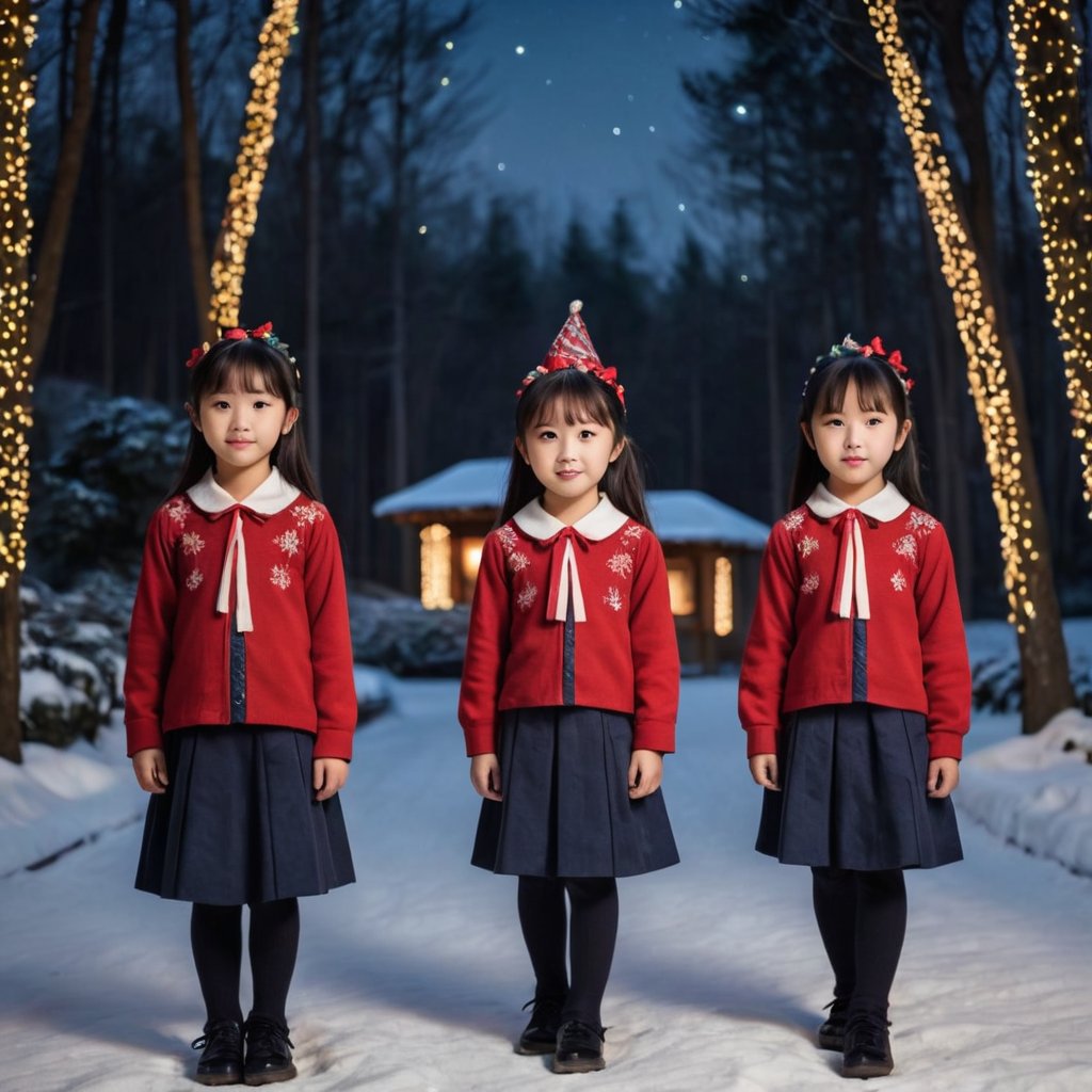 A trio of petite, waif-like Chinese-Korean girls, aged 10, dressed in matching school blouses, gaze directly at the viewer with eager and playful expressions. The dark winding trail, deep into the woods on a Christmas Eve night, provides a mystical backdrop as they casually stroll towards their destination. In the distance, the house at the end of the trail shines bright with intricate Christmas lights decorations.