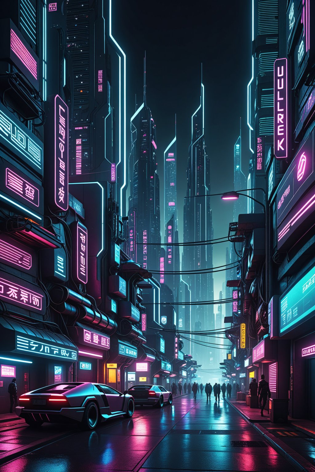 Create a cyber punk futuristic city night scene