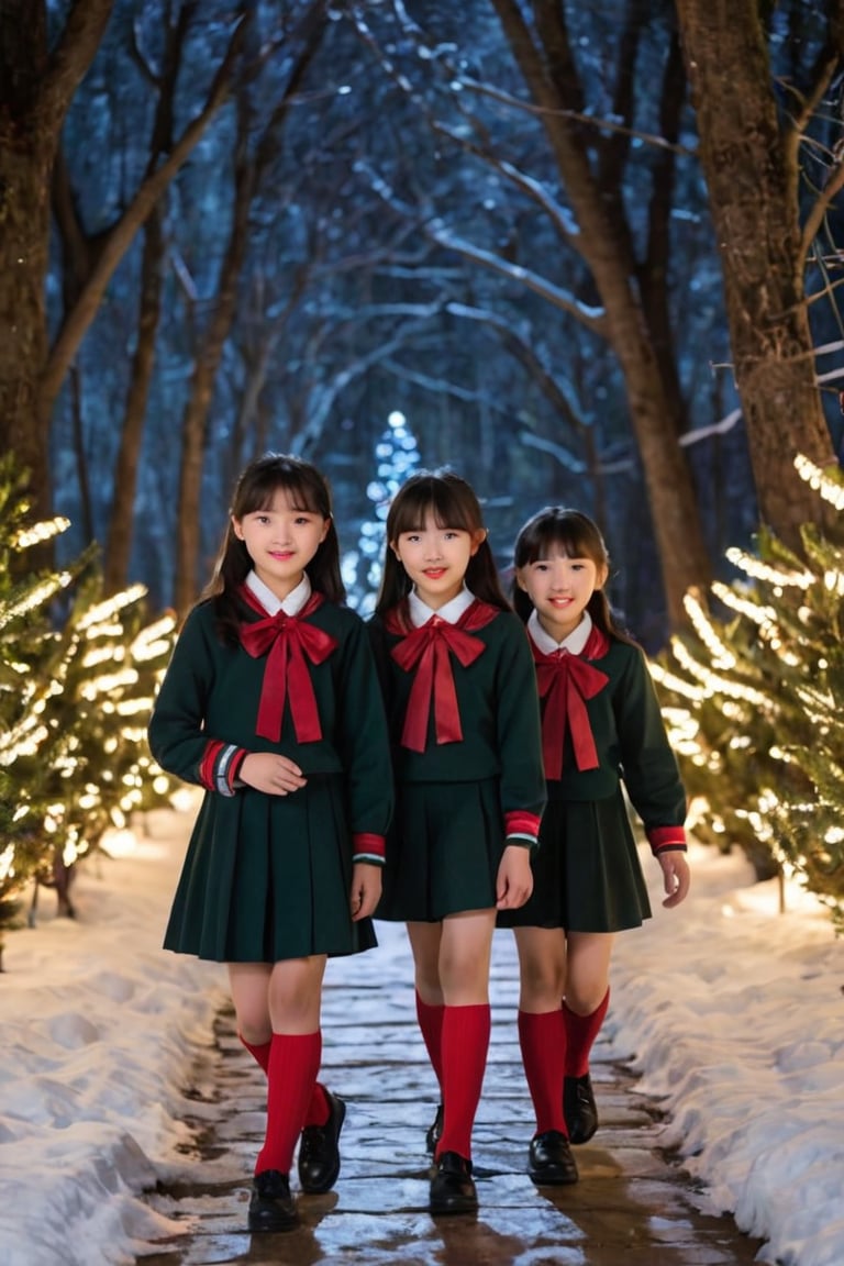 A trio of petite, waif-like Chinese-Korean girls, aged 10, dressed in matching school blouses, gaze directly at the viewer with eager and playful expressions. The dark winding trail, deep into the woods on a Christmas Eve night, provides a mystical backdrop as they casually stroll towards their destination. In the distance, the house at the end of the trail shines bright with intricate Christmas lights decorations.