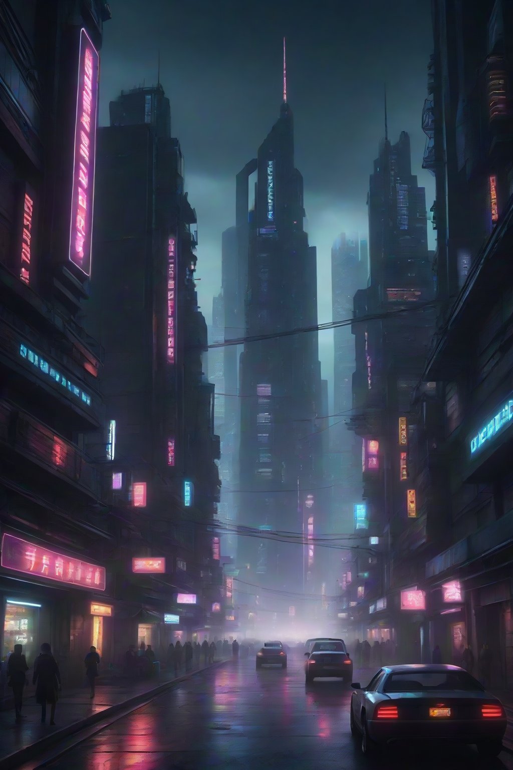 Create a cyber punk futuristic city night scene