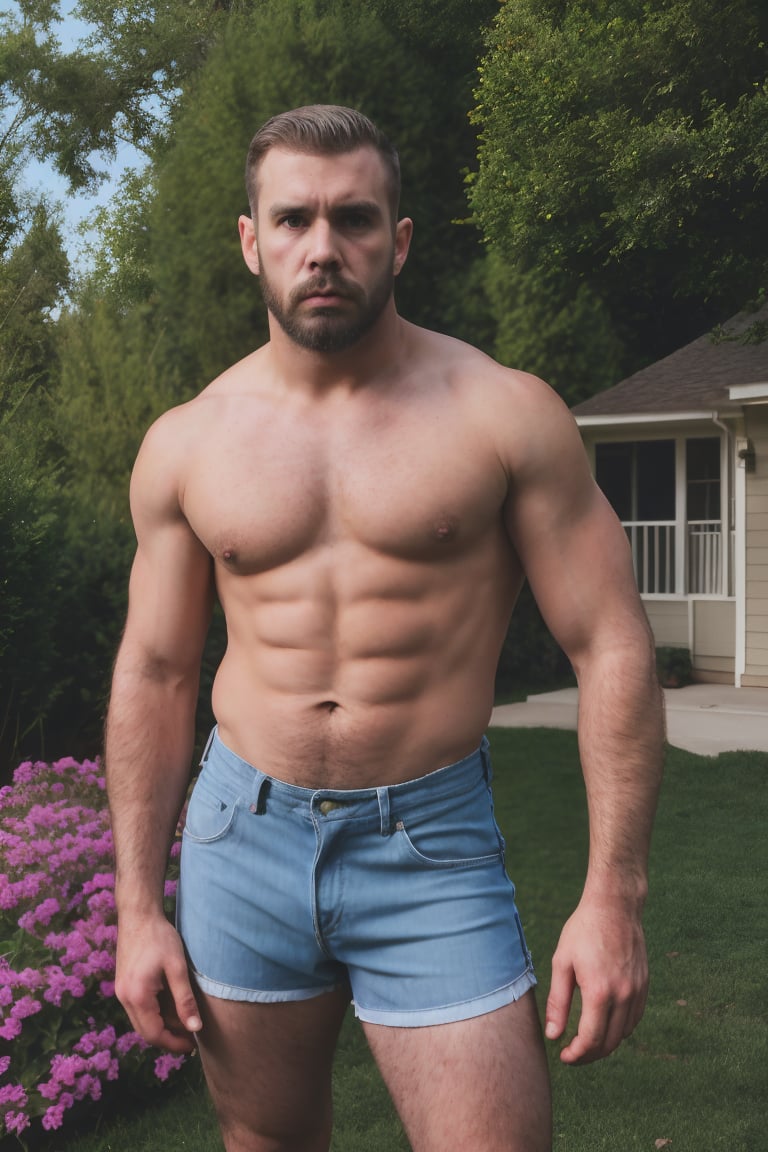 A man between 35 and 45 years old posing standing in the back garden of a typical American house. He has a thick,hairy mustache on his legs,armpits,chest and legs. He is wearing torn shorts and no shirt,which highlights his burly, big-boned, and very toned body. A vintage photograph between the 70s and 80s,nostalgia with a film and cinematographic style. photography,(front view:1.4),Pectoral Focus,Elderly