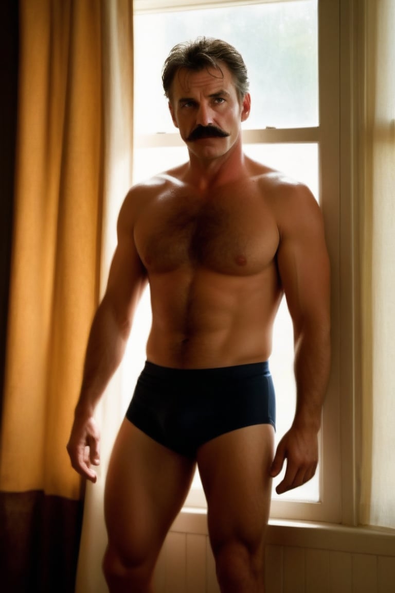 A mature man in front of a window, with parts of a curtain shown on his sides. He looks straight ahead and has penetrating eyes. He has a silly mustache. He only wears short white shorts, showcasing his toned legs and athletic physique. His chest is broad and well-defined, with a subtle sheen of sweat on his skin. His hair is dark and messy, with a few strands falling across his forehead. He has a strong jawline and a small scar above his left eyebrow, adding a touch of ruggedness to his features. He stands with his weight shifted onto one leg, with his right hand resting on the windowsill and his left hand hanging loose by his side. The curtain, a faded blue and white stripe, is partially drawn, casting a warm, golden light on the man's face and accentuating the shadows on his body. The window frame is old and worn, with a few scratches and scuffs on the wood. The nostalgic and melancholic atmosphere makes the light dim and diffuse, with a subtle grain and texture reminiscent of Kodak film and film noise. The overall mood is one of quiet contemplation, as if the man is lost in thought,hairy,Cinematic Vintage Hollywood Film Style