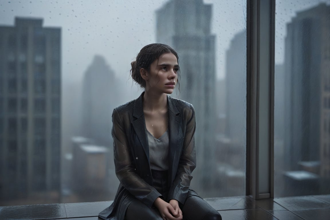 image in cold tones of a young beautiful woman sitting in a cafe, next to a window contemplating the rain over the city. seen elegant, sensual, and revealing clothes