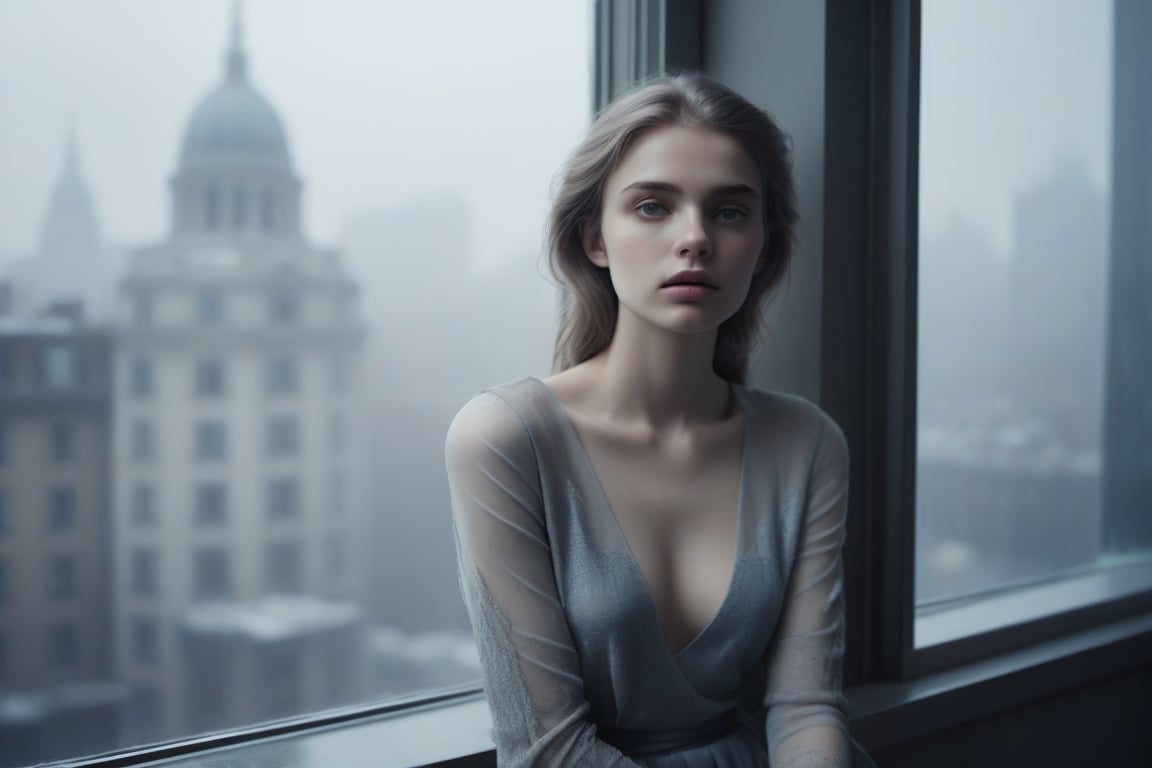 image in cold tones of a young beautiful woman sitting in a cafe, next to a window contemplating the city. seen elegant, sensual, and revealing clothes