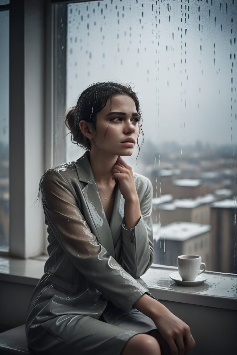 image in cold tones of a young beautiful woman sitting in a cafe, next to a window contemplating the rain over the city. seen elegant, sensual, and revealing clothes