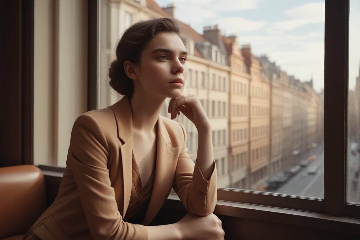 image in warm tones of a young beautiful woman sitting in a cafe next to a window from where she contemplates the city. seen sensual, revealing and classy clothes