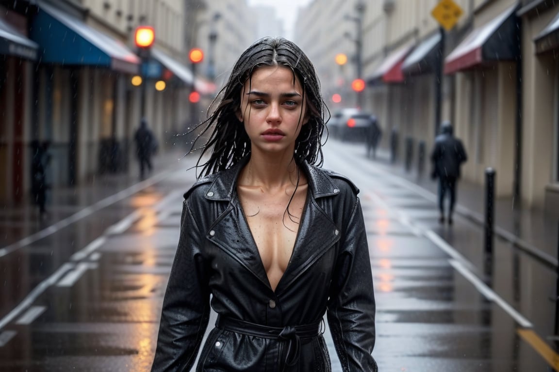 young woman walking sensually down the street in the rain, tries to seduce the viewer with her indifference,photo r3al,More Reasonable Details