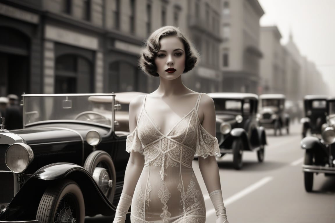 A very young and beautiful woman with an attractive figure walking down a city street in the 1920s. She is wearing provocative, sensual clothing, such as a sheer dress with transparent elements or a very short, revealing outfit. The dress features delicate lace and intricate details, accentuating her elegance and allure. The city street is bustling with vintage cars, streetlights, and people in period attire. The overall atmosphere is a blend of sophistication and bold fashion, capturing the essence of the roaring twenties.