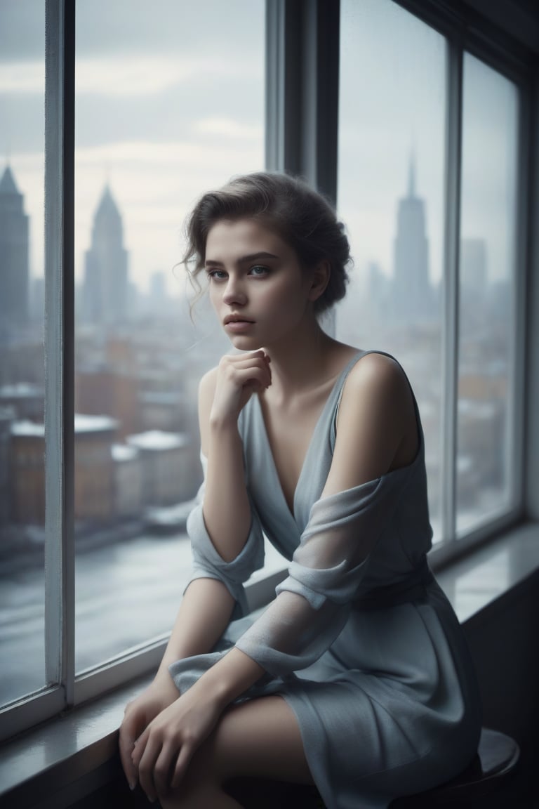 image in cold tones of a young beautiful woman sitting in a cafe, next to a window contemplating the city. seen elegant, sensual, and revealing clothes