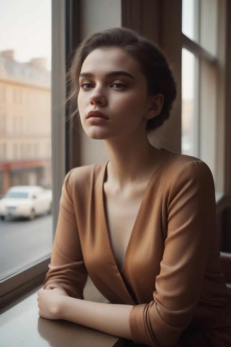 image in warm tones of a young beautiful woman sitting in a cafe next to a window from where she contemplates the city. seen sensual, revealing and classy clothes