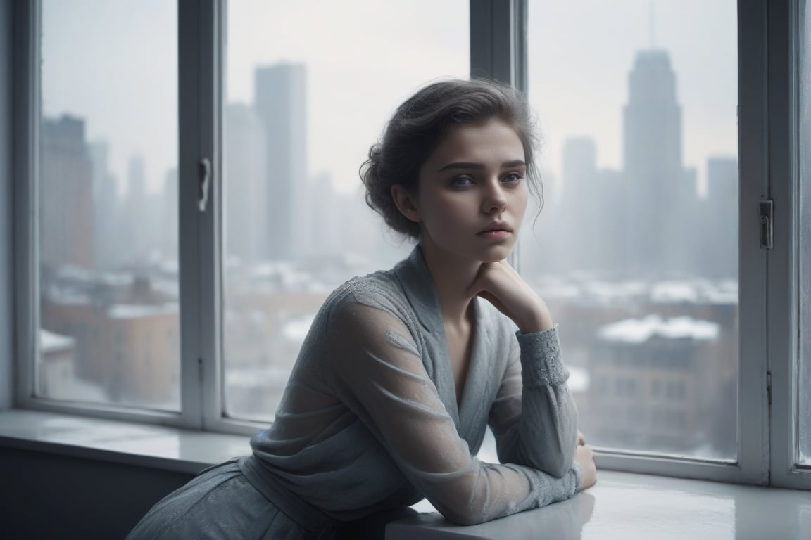 image in cold tones of a young beautiful woman sitting in a cafe, next to a window contemplating the city. seen elegant, sensual, and revealing clothes