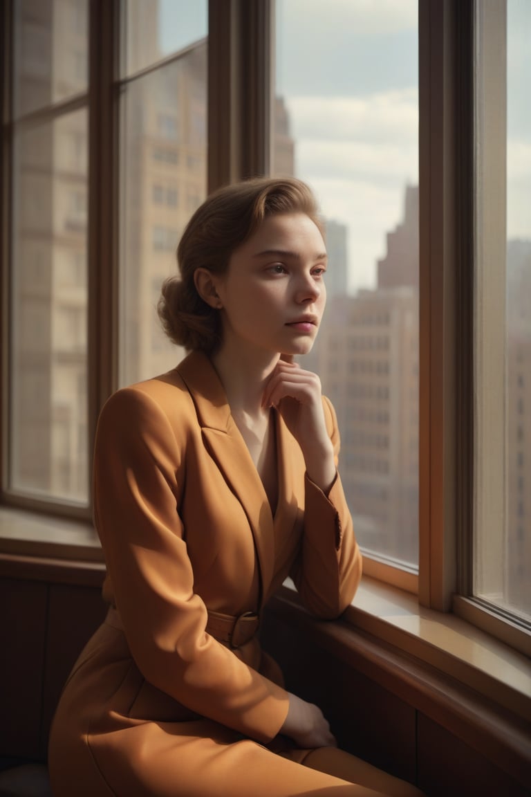 image in warm tones of a young beautiful woman sitting in a cafe next to a window from where she contemplates the city. seen sensual, revealing and classy clothes