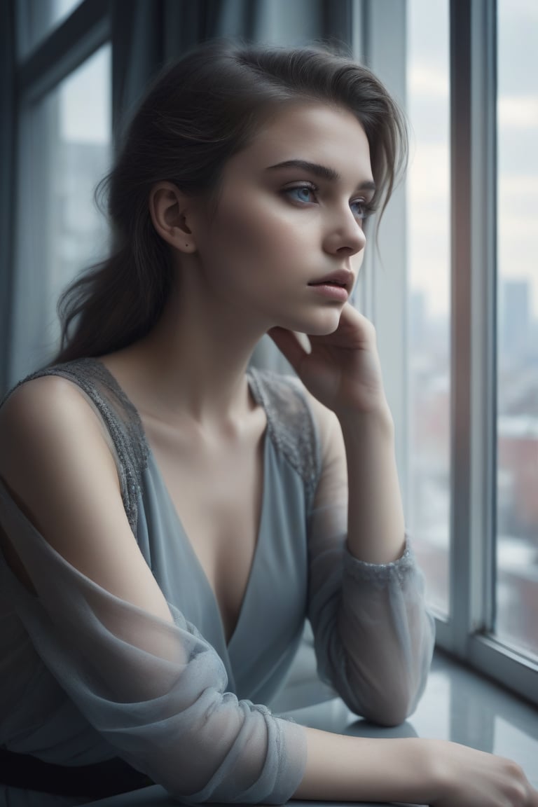 image in cold tones of a young beautiful woman sitting in a cafe, next to a window contemplating the city. seen elegant, sensual, and revealing clothes