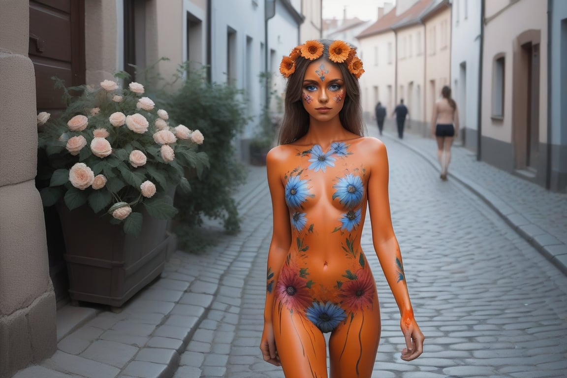 
very young woman, with body paint, elegant and revealing flowers, walks sensually during the day through the cobbled streets of a town,xxmix_girl