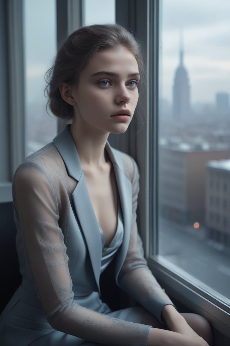 image in cold tones of a young beautiful woman sitting in a cafe, next to a window contemplating the city. seen elegant, sensual, and revealing clothes