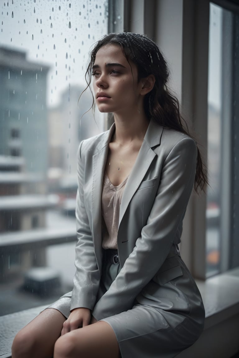 image in cold tones of a young beautiful woman sitting in a cafe, next to a window contemplating the rain over the city. seen elegant, sensual, and revealing clothes