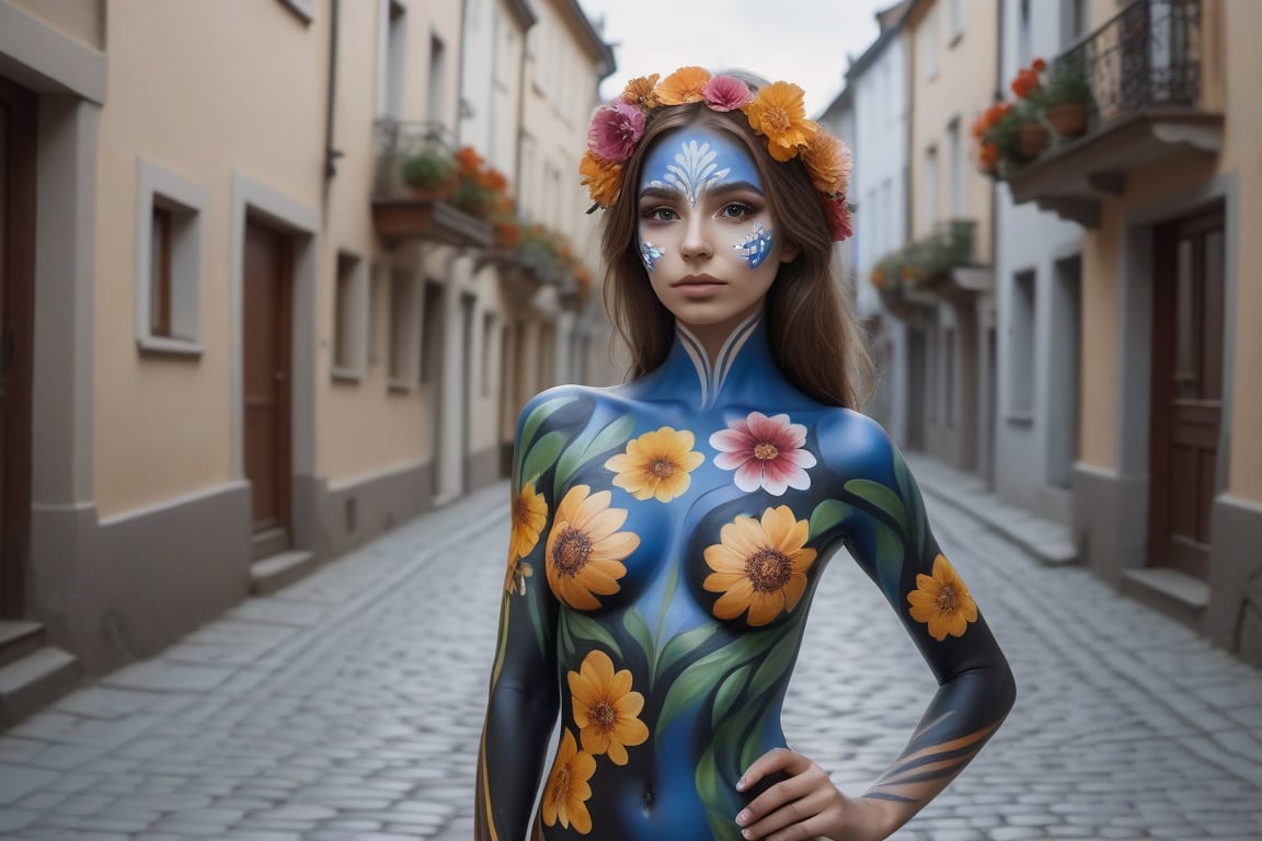 
very young woman, with body paint, elegant and revealing flowers, walks sensually during the day through the cobbled streets of a town,xxmix_girl