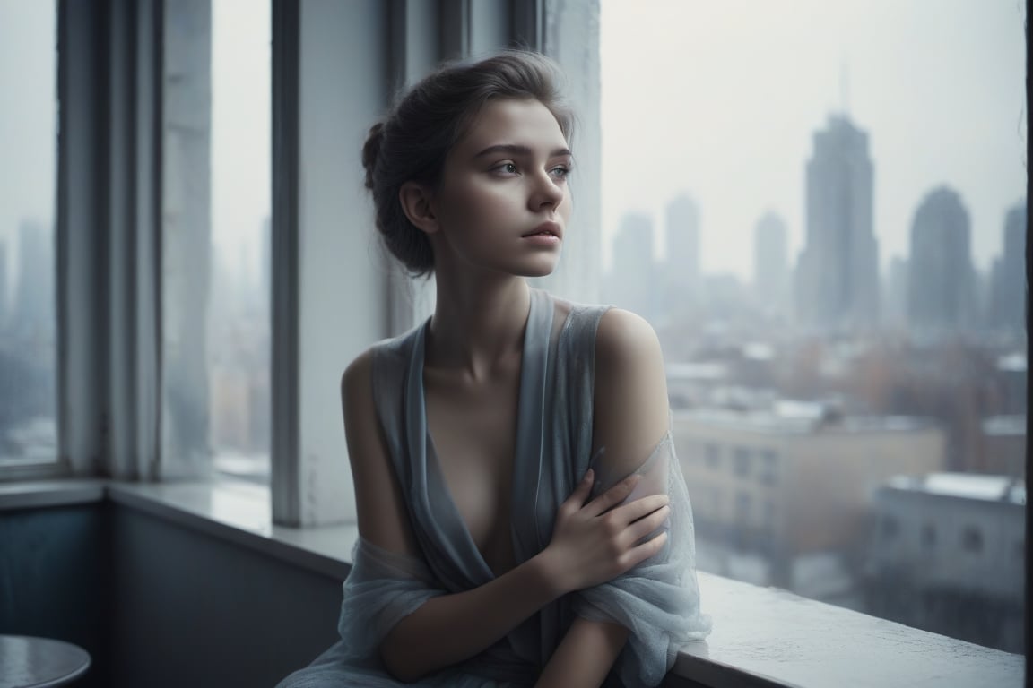 image in cold tones of a young beautiful woman sitting in a cafe, next to a window contemplating the city. seen elegant, sensual, and revealing clothes