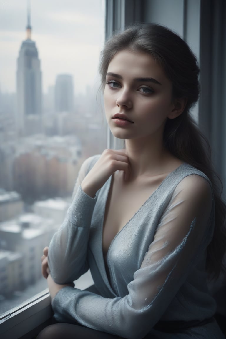 image in cold tones of a young beautiful woman sitting in a cafe, next to a window contemplating the city. seen elegant, sensual, and revealing clothes