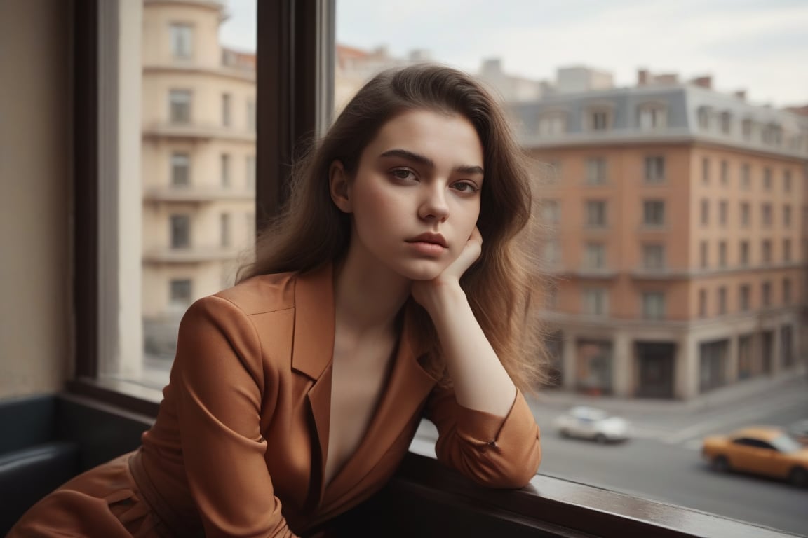 image in warm tones of a young beautiful woman sitting in a cafe next to a window from where she contemplates the city. seen sensual, revealing and classy clothes