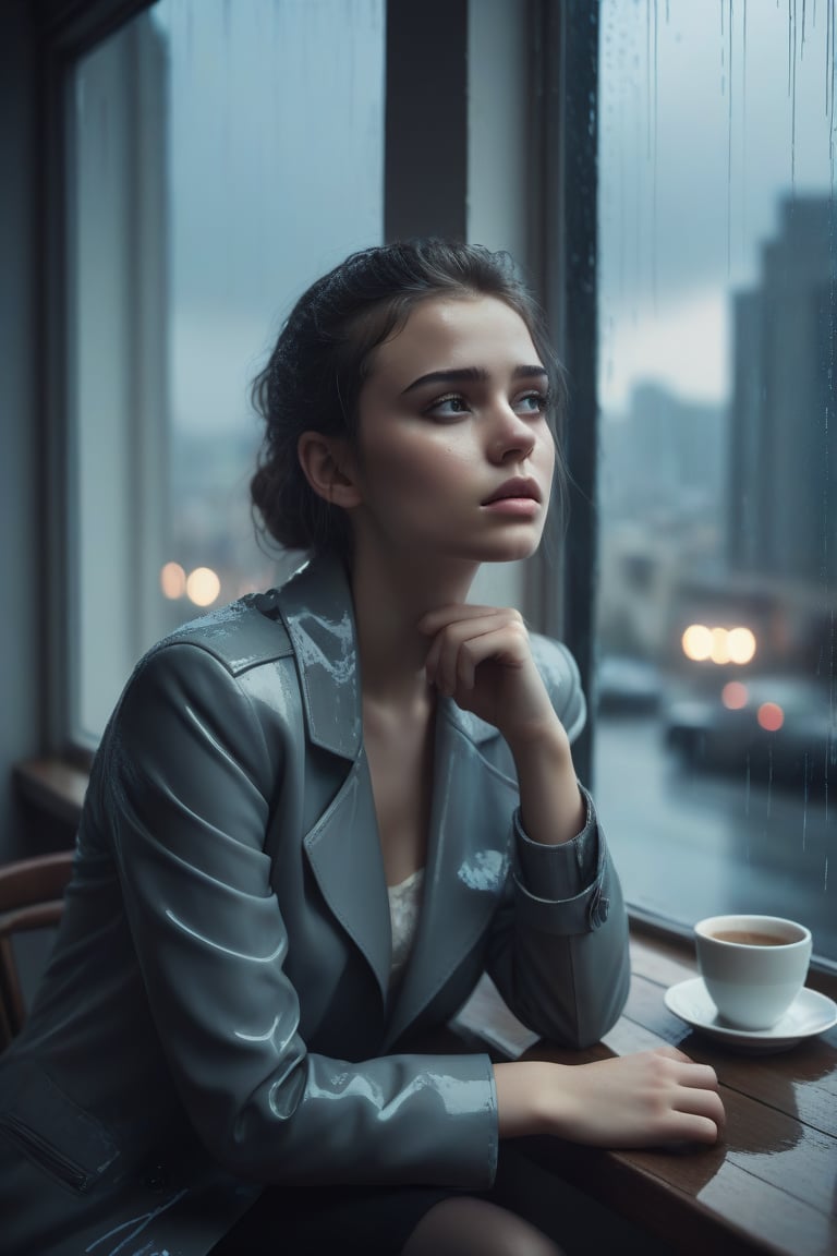 image in cold tones of a young beautiful woman sitting in a cafe, next to a window contemplating the rain over the city. seen elegant, sensual, and revealing clothes
