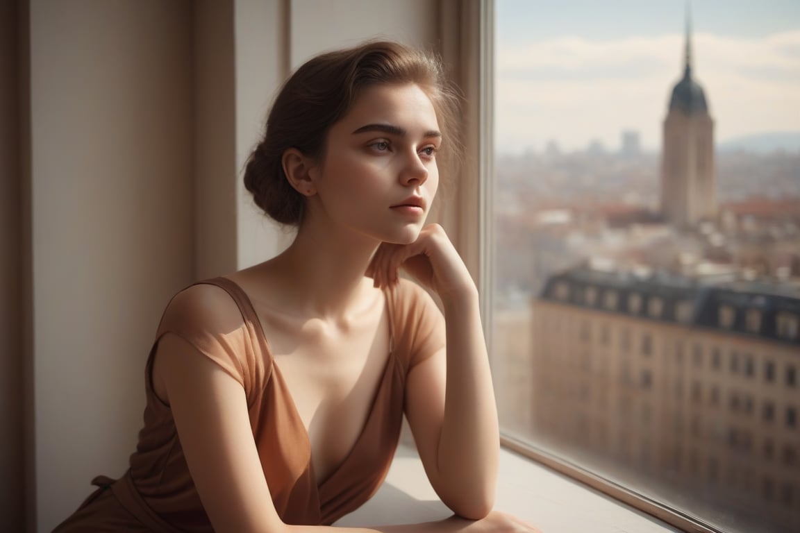 image in warm tones of a young beautiful woman sitting in a cafe, next to a window contemplating the city. seen elegant, sensual, and revealing clothes