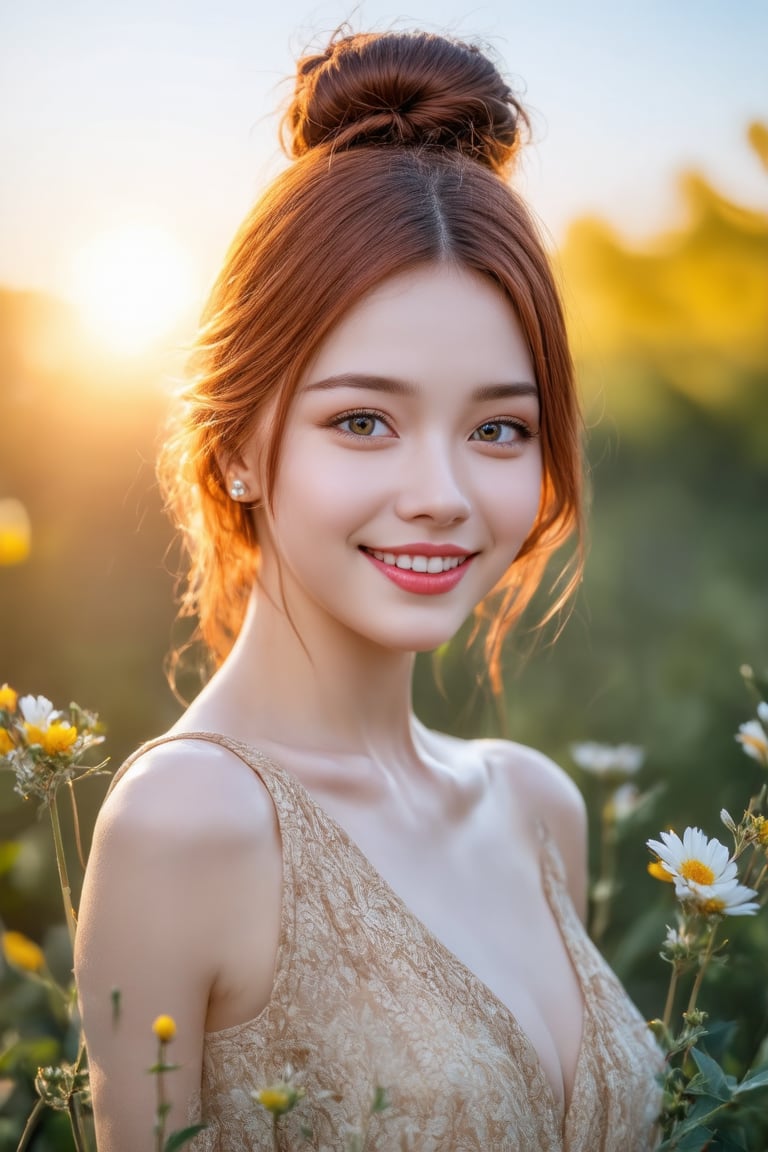 (1girl, smile, face focus, bun hair, perfect face, medium shot, gracefully, golden petals and green flowers form intricate patterns against the backdrop of the sun, reminiscent of the styles of South Korean Super Star), Detailed texture, High quality, High resolution, High precision, Realism, Color correction, Proper lighting settings, Harmonious composition, Behance Works,detail-rendering,Realistic Enhance,redhead. The warm, golden light casts a flattering glow on her porcelain skin, while the subtle bokeh of out-of-focus flowers creates a dreamy atmosphere.