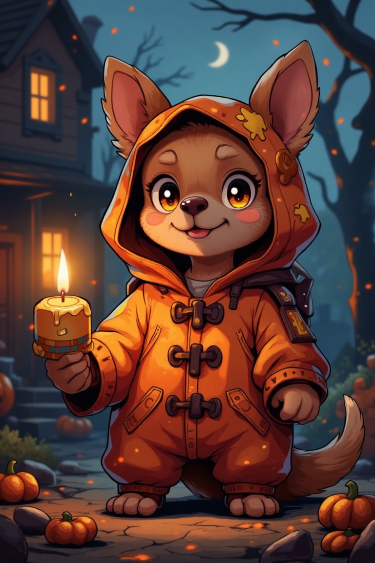 (cute dog wearing candle costume), (haunted house background), (cute), a concept art icon for league of legends, a digital art logo, illustration, league of legends style icon, inspired by wlop style, 8k, dota 2 style icon, fine details, sharp, very detailed icon, high resolution rpg ability/spell/item icon, natural beauty