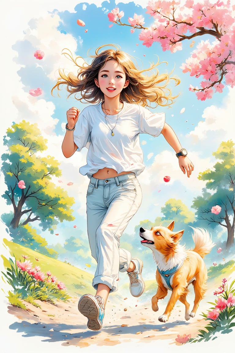 High quality, illustrations,watercolor:0.5, 1girl, the movement style, run, a dog, white shirt, white pants, one arm to wear sports watches, clouds, in the face of lens, the tree, the outdoors,cheerful candy