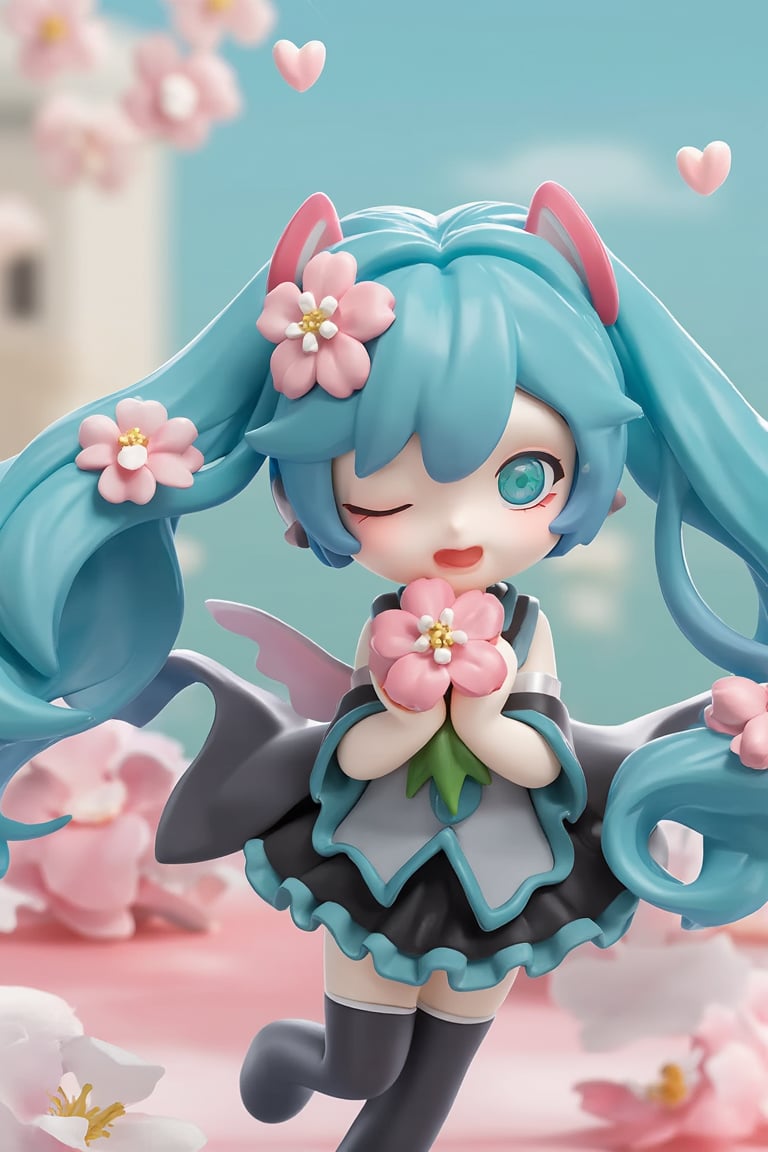 3d rendering, pvc figure, basic base,(best quality),(masterpiece),long hair,1girl,solo,hatsune miku,very long hair,one eye closed,magical mirai miku,thighhighs,twintails,flower,smile,full body,hair ornament,single thighhigh,aqua hair,open mouth,skirt,absurdly long hair,looking at viewer,aqua eyes,wide sleeves,cherry blossoms,black skirt,floating,pink flower,holding,frilled skirt,frills,