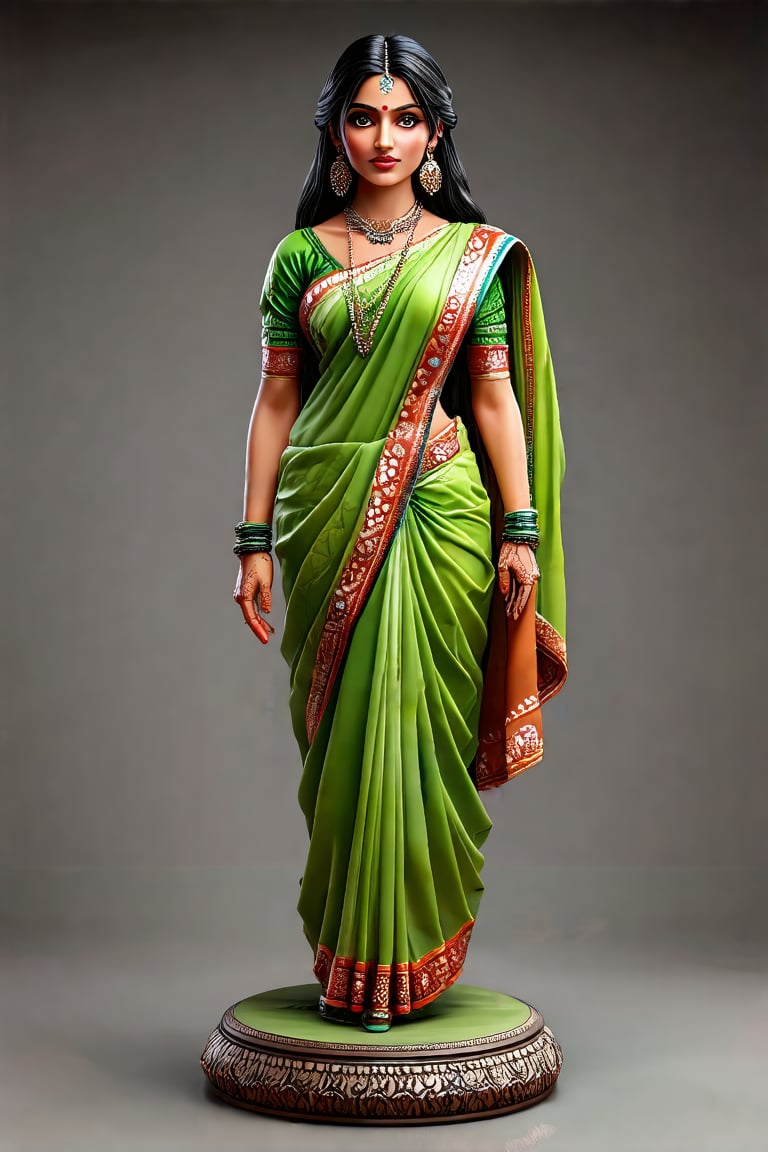 masterpiece, best quality, ultra-detailed, perfect anatomy, High detailed, detailed background,High detailed hands, beautiful face.3d rendering, figure resin,full body,custom round base,masterpiece, best quality, aesthetic, 8K, full body An Indian woman with a green sareeoutfit, glowy eyes, black hair.